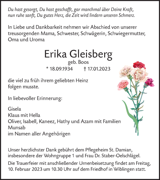 Traueranzeige von Erika Gleisberg von SÜDWEST PRESSE Ausgabe Ulm/Neu-Ulm