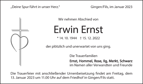 Traueranzeige von Erwin Ernst von Geislinger Zeitung