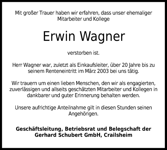 Traueranzeige von Erwin Wagner von Hohenloher Tagblatt