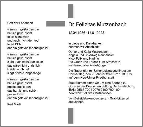 Traueranzeige von Felizitas Mutzenbach von SÜDWEST PRESSE Ausgabe Ulm/Neu-Ulm