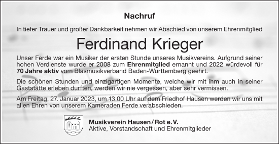 Traueranzeige von Ferdinand Krieger von Rundschau Gaildorf