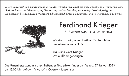 Traueranzeige von Ferdinand Krieger von Rundschau Gaildorf