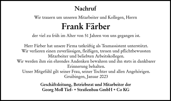 Traueranzeige von Frank Färber von NWZ Neue Württembergische Zeitung/Geislinger Zeitung