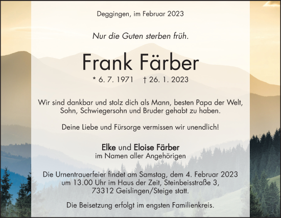 Traueranzeige von Frank Färber von Geislinger Zeitung