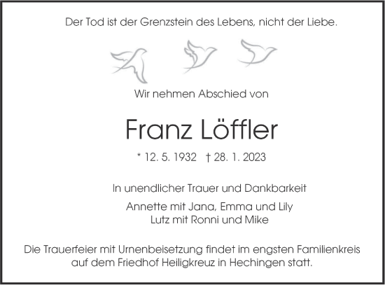 Traueranzeige von Franz Löffler von Metzinger-Uracher Volksblatt