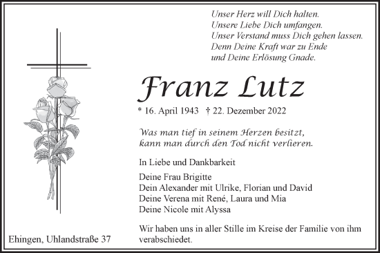 Traueranzeige von Franz Lutz von Ehinger Tagblatt