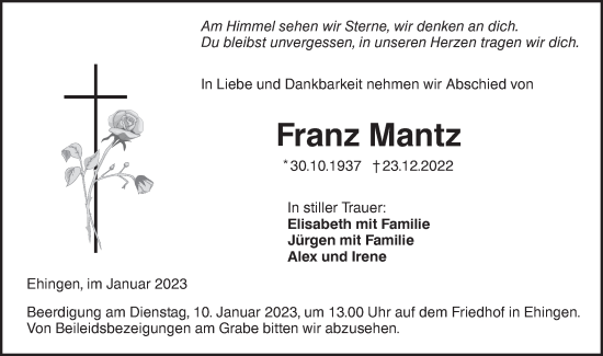 Traueranzeige von Franz Mantz von Ehinger Tagblatt