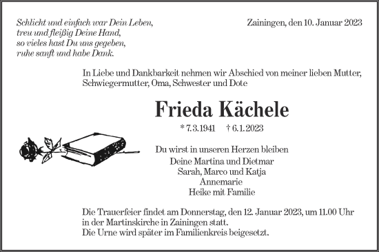 Traueranzeige von Frieda Kächele von Alb-Bote/Metzinger-Uracher Volksblatt