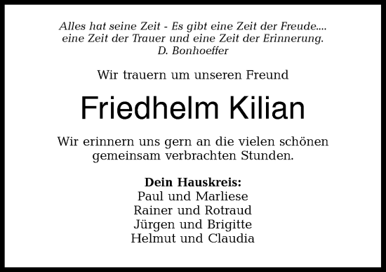 Traueranzeige von Friedhelm Kilian von Hohenloher Tagblatt