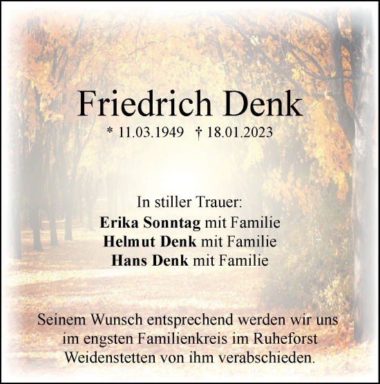 Traueranzeige von Friedrich Denk von SÜDWEST PRESSE Ausgabe Ulm/Neu-Ulm