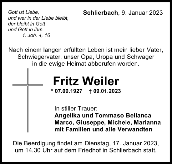 Traueranzeige von Fritz Weiler von NWZ Neue Württembergische Zeitung