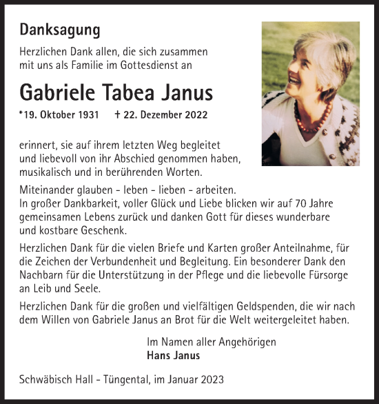 Traueranzeige von Gabriele Tabea Janus von Haller Tagblatt