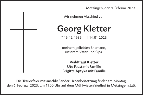 Traueranzeige von Georg Kletter von Metzinger-Uracher Volksblatt