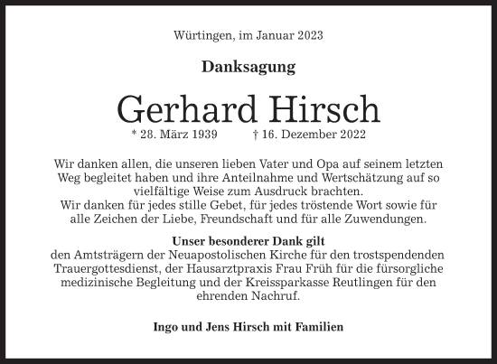 Traueranzeige von Gerhard Hirsch von Alb-Bote/Metzinger-Uracher Volksblatt