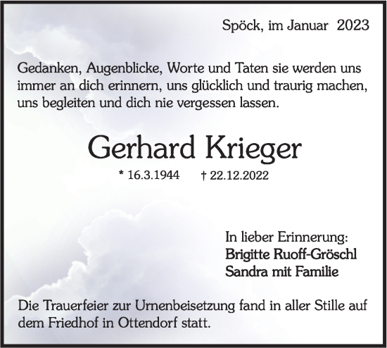 Traueranzeige von Gerhard Krieger von Rundschau Gaildorf