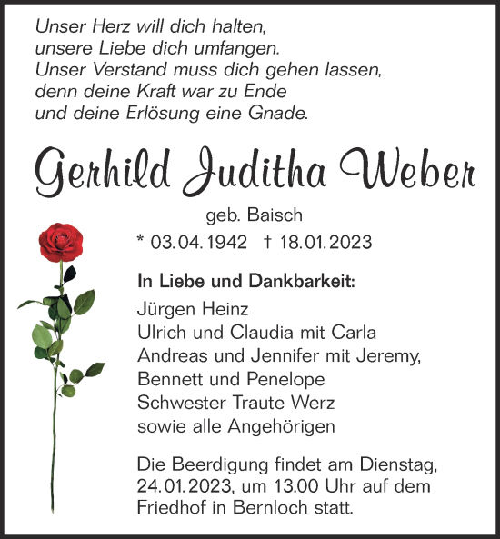 Traueranzeige von Gerhild Juditha Weber von Alb-Bote/Metzinger-Uracher Volksblatt