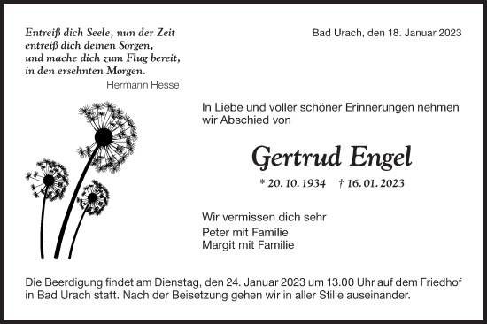 Traueranzeige von Gertrud Engel von Metzinger-Uracher Volksblatt