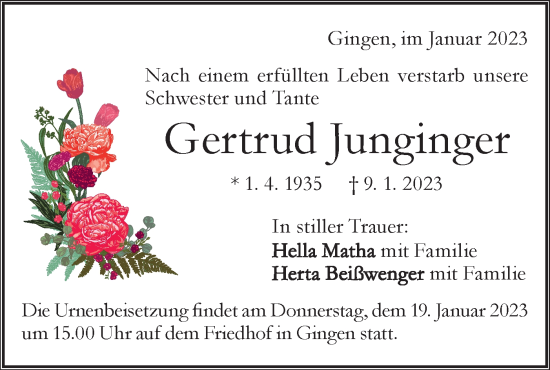 Traueranzeige von Gertrud Junginger von Geislinger Zeitung