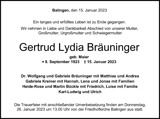 Traueranzeige von Gertrud Lydia Bräuninger von Metzinger-Uracher Volksblatt