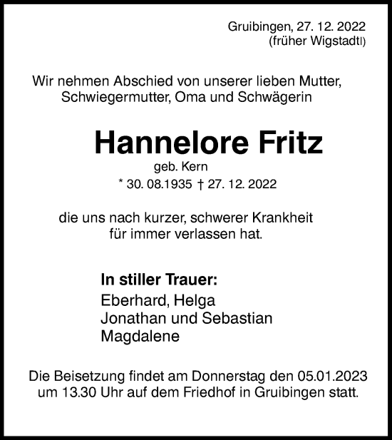 Traueranzeige von Hannelore Fritz von NWZ Neue Württembergische Zeitung