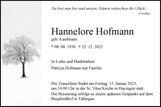 Traueranzeige von Hannelore Hofmann von Alb-Bote/Metzinger-Uracher Volksblatt