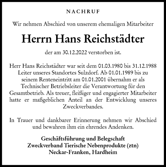 Traueranzeige von Hans Reichstädter von Haller Tagblatt