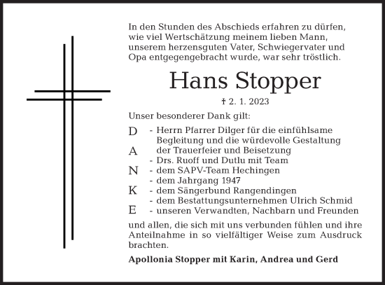 Traueranzeige von Hans Stopper von Metzinger-Uracher Volksblatt