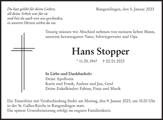 Traueranzeige von Hans Stopper von Metzinger-Uracher Volksblatt