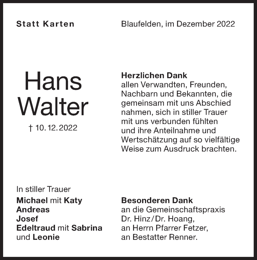  Traueranzeige für Hans Walter vom 11.01.2023 aus Hohenloher Tagblatt