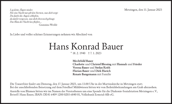 Traueranzeige von Hans Konrad Bauer von Metzinger-Uracher Volksblatt