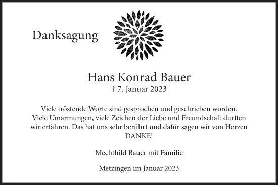 Traueranzeige von Hans Konrad Bauer von Metzinger-Uracher Volksblatt