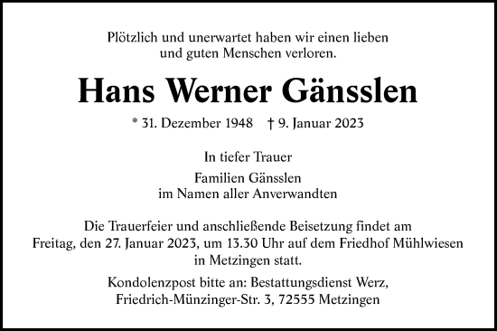 Traueranzeige von Hans Werner Gänsslen von Metzinger-Uracher Volksblatt