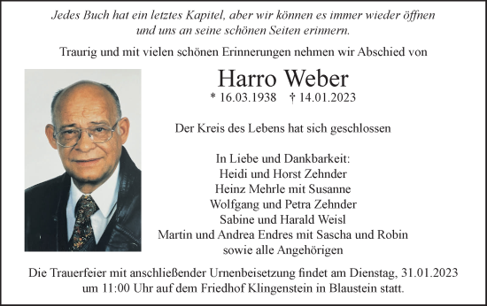 Traueranzeige von Harro Weber von SÜDWEST PRESSE Ausgabe Ulm/Neu-Ulm