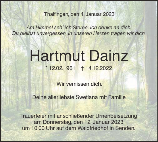 Traueranzeige von Hartmut Dainz von SÜDWEST PRESSE Ausgabe Ulm/Neu-Ulm