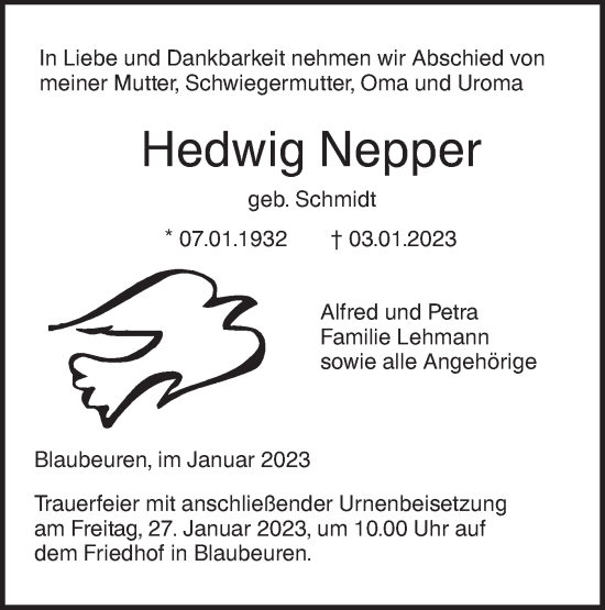 Traueranzeige von Hedwig Nepper von SÜDWEST PRESSE