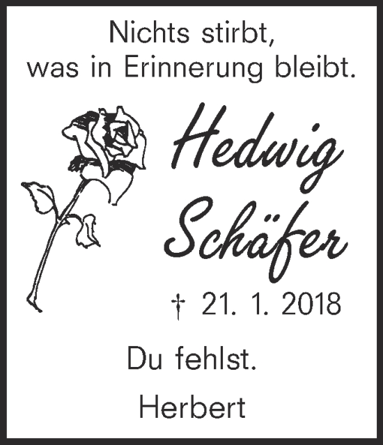 Traueranzeige von Hedwig Schäfer von Metzinger-Uracher Volksblatt