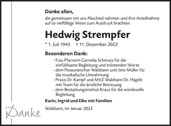 Traueranzeige von Hedwig Strempfer von Hohenloher Tagblatt