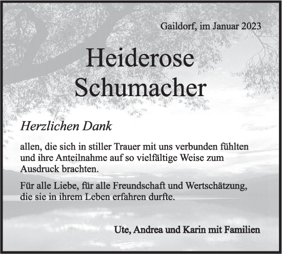 Traueranzeige von Heiderose Schumacher von Rundschau Gaildorf