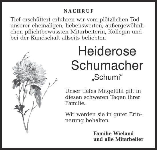 Traueranzeige von Heiderose Schumacher von Rundschau Gaildorf