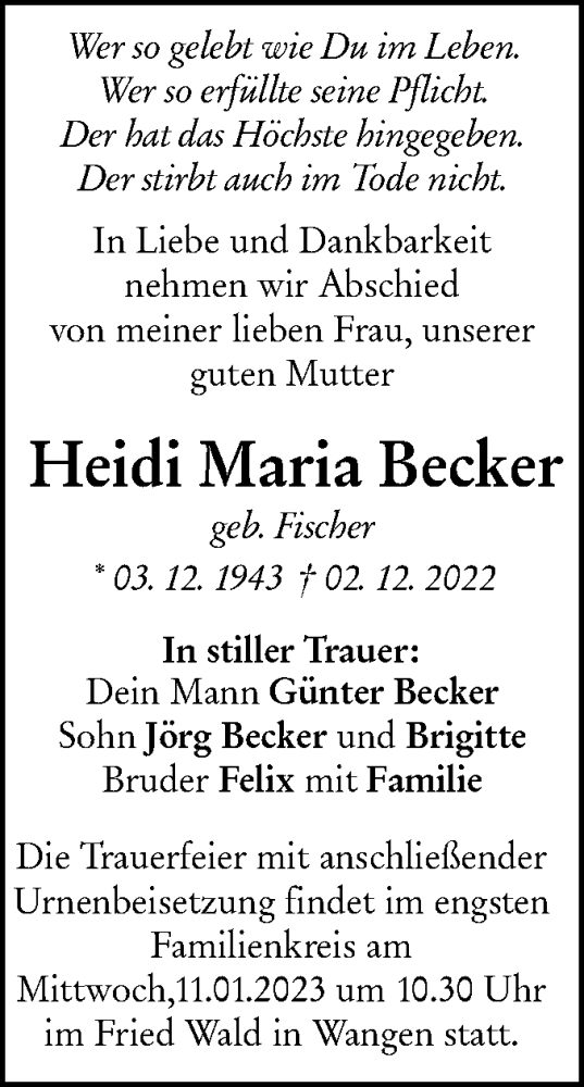 Traueranzeige von Heidi Maria Becker von NWZ Neue Württembergische Zeitung