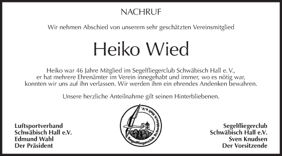 Traueranzeige von Heiko Wied von Haller Tagblatt