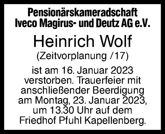 Traueranzeige von Heinrich Wolf von SÜDWEST PRESSE Ausgabe Ulm/Neu-Ulm