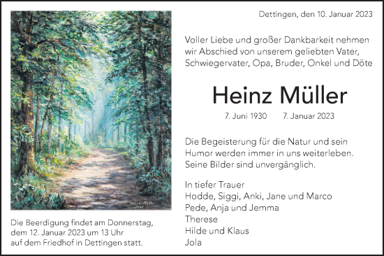 Traueranzeige von Heinz Müller von Metzinger-Uracher Volksblatt