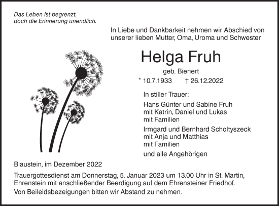 Traueranzeige von Helga Fruh von SÜDWEST PRESSE Ausgabe Ulm/Neu-Ulm