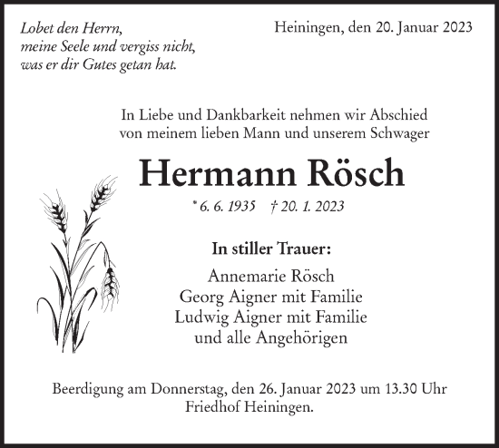 Traueranzeige von Hermann Rösch von NWZ Neue Württembergische Zeitung