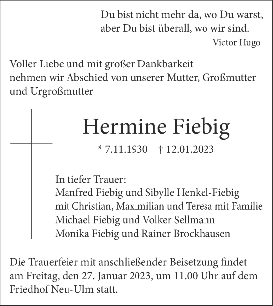 Traueranzeige von Hermine Fiebig von SÜDWEST PRESSE Ausgabe Ulm/Neu-Ulm