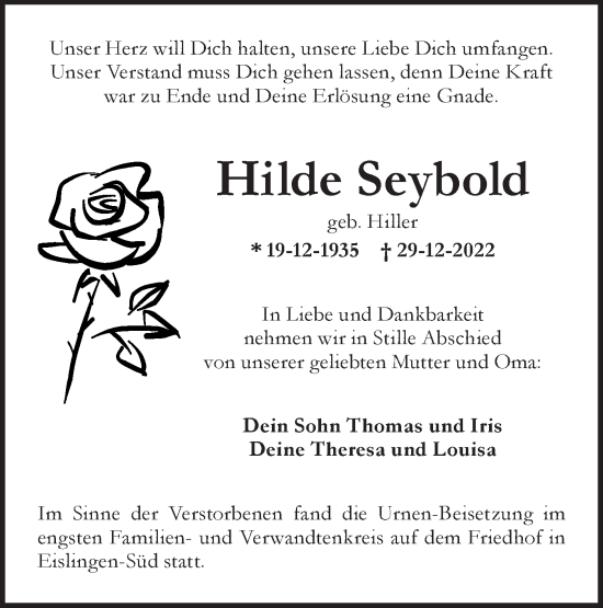 Traueranzeige von Hilde Seybold von NWZ Neue Württembergische Zeitung