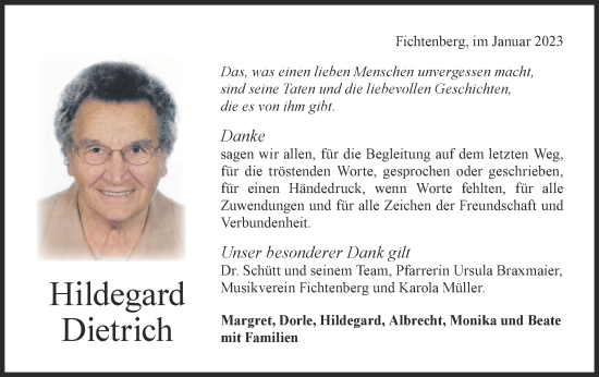 Traueranzeige von Hildegard Dietrich von Rundschau Gaildorf