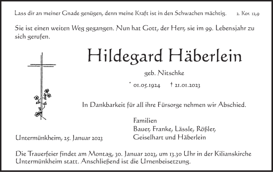 Traueranzeige von Hildegard Häberlein von Haller Tagblatt