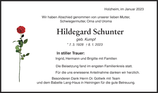 Traueranzeige von Hildegard Schunter von NWZ Neue Württembergische Zeitung